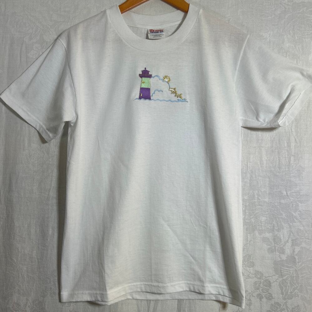 Vintage T Shirt Embroidered Lighthouse Dolphins Small White Crew USA - Picture 1 of 7
